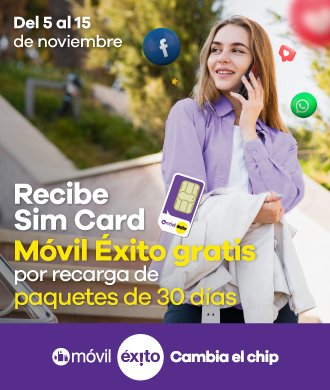 del 5 al 15 de noviembre recibe sim card movil exito gratis por recarga de paquetes de 30 dias